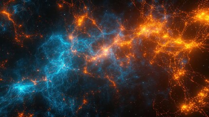 Naklejka premium A glowing neural network with vibrant blue and orange nodes interconnected by sleek digital lines, set against a dark gradient background, creating a sense of AI-driven complexity and innovation. 