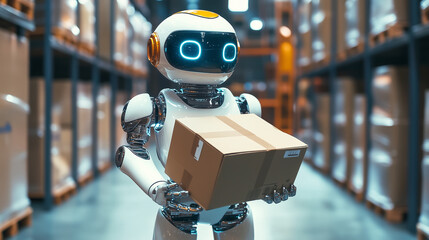Humanoid robot demonstrates automated logistics and delivery by carrying cardboard box in warehouse