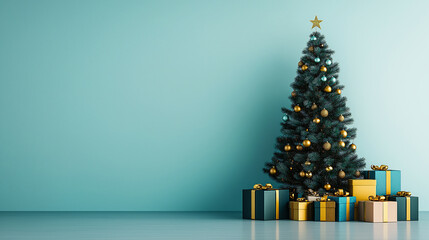 Christmas decoration background snow pine tree gold baubles glittering lights white presents tied gold ribbon light blue backdrop festive winter holiday advertisement marketing campaign banner