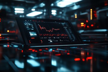 Futuristic Digital Interface Displaying Stock Market Trends on Laptop in a High-Tech Environment with Glowing Red and Blue Accents
