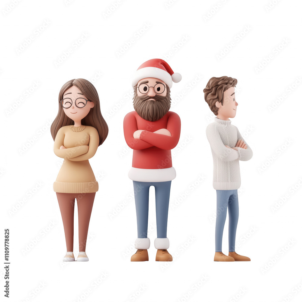 Poster three cartoon characters with crossed arms, each showcasing unique festive styles., isolated on a tr