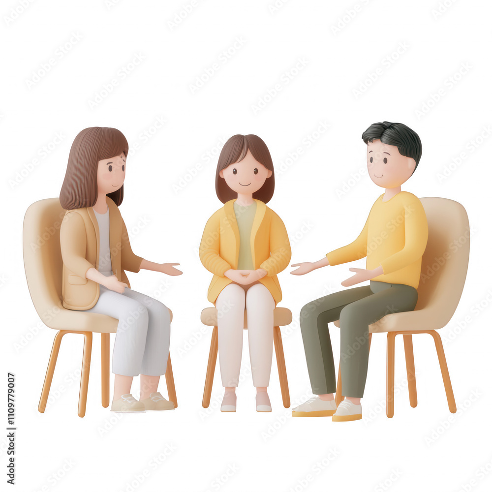 Poster three stylized characters engaging in a group discussion, conveying teamwork and unity., isolated on