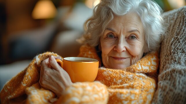 In a peaceful indoor setting, an elderly woman sips tea with lemon and honey while snuggled in a soft blanket, surrounded by warm tones - Powered by Adobe
