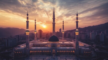 Obraz premium Majestic Sunset Over Iconic Mosque Surrounded by Urban Landscape with Silhouettes of People and Dramatic Sky in Golden Hour