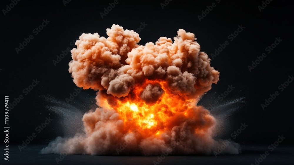 Poster dramatic explosive cloud with fiery orange core erupting in a dark environment, illustrating power o