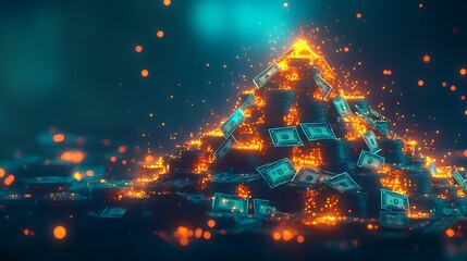 Obraz premium Burning pyramid of money, depicting financial loss or crisis.