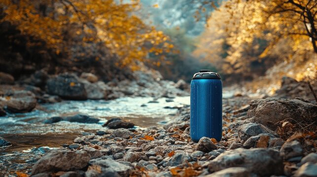 A blue portable water purification device stands on rocky terrain beside a mountain stream, surrounded by vibrant autumn foliage and natural light