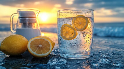 A clean glass of water with lemon slices stands next to a pitcher with a water filter, all set against a vibrant sunset at the beach