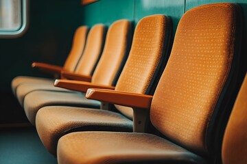 Obraz premium Close-up of orange train seats in a modern public transportation vehicle, emphasizing comfort and design