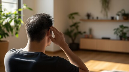Individual contemplates hair loss with thinning hair in a sunlit room featuring green plants and natural elements. Alopecia, aging, genetics, stress, health, treatment hair loss concept.