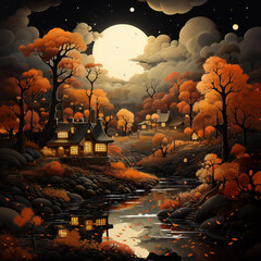 Moonlit Autumn Village by the River