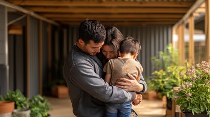 A couple embraces their children in a refugee camp, conveying deep concern in their eyes surrounded by sparse, natural elements