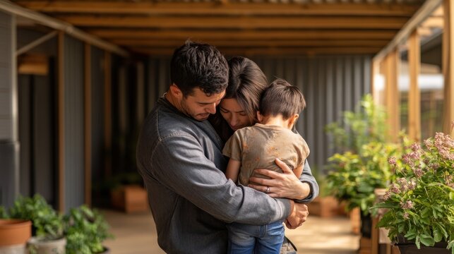 A couple embraces their children in a refugee camp, conveying deep concern in their eyes surrounded by sparse, natural elements