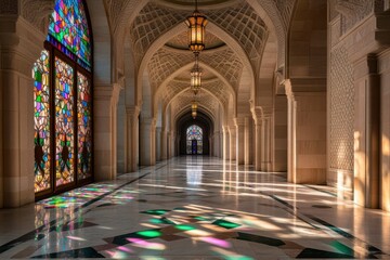 Stunning Architectural Interior of Grand Hall With Colorful Stained Glass Windows and Elegant Arches Showcasing Intricate Design and Soft Lighting Effects
