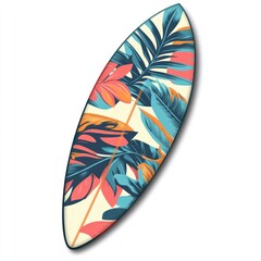 Tropical leaf patterned surfboard isolated on white.