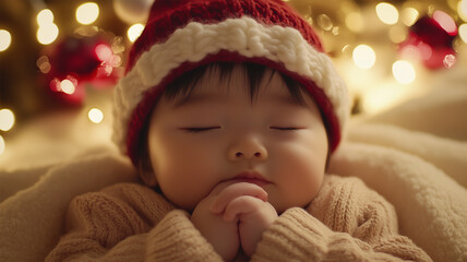 クリスマスハットをかぶって眠る日本人赤ちゃん
