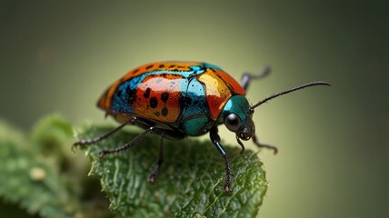 Naklejka premium Colorful beetle on green leaf.