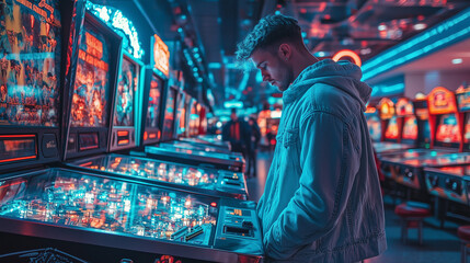  Pinball Addict Playing in an Arcade