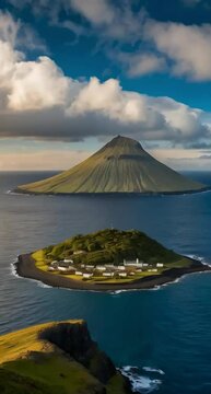 A cinematic, hyper-realistic shot of Tristan da Cunha, showing a lush volcanic island surrounded by the endless deep-blue waters