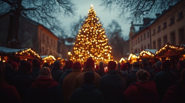 A group of friends gathers in a town square, singing carols in front of a dazzling Christmas tree while a cheerful crowd surrounds them