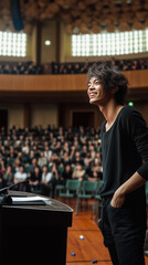 Obraz premium Indonesian Man Giving a Lecture in a Large Auditorium