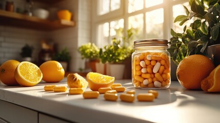 Bright sunlight streams into a kitchen, illuminating a jar of vitamin D supplements surrounded by vibrant citrus fruits on the counter