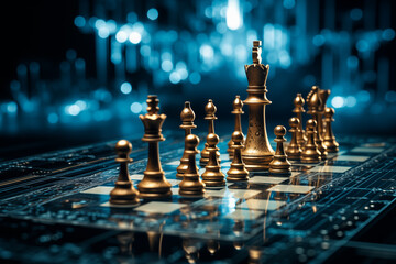 Golden Chess Pieces on a Futuristic Board