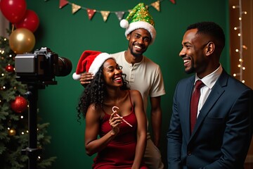 African American photographer capturing colleagues at office holiday party