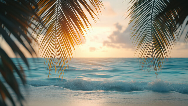 Green leaves of tropical palm trees on the background of sunset beach and blue ocean