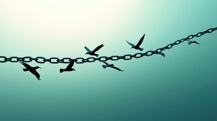 Birds flying free from broken chain link.