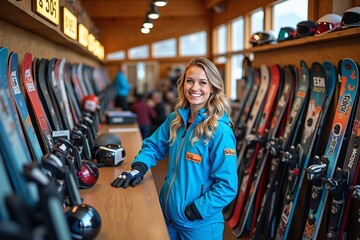 Ski resort equipment rental shop with friendly staff