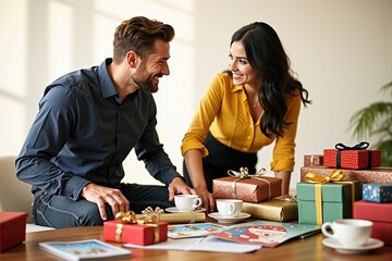 Fototapeta premium Business colleagues planning holiday gifts at desk
