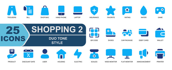 Shopping icon set. Blue duo tone style. Contains wide monitor,flat monitor,electronics,announcement,marketing,printer,trousers,pants,bill,receipt,shop bag.