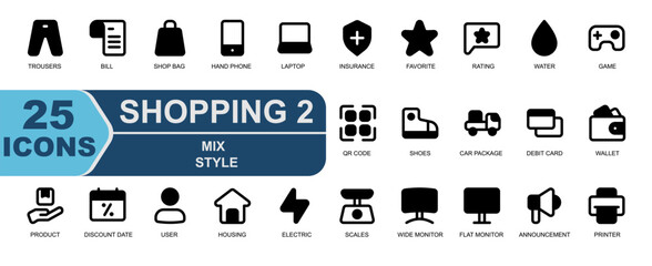 25 shopping material icons. Black mix style. Contains delivery,debit card,card,wallet,balance,package,product,discount date,user,person,house,housing,trousers,pants,bill,receipt,shop bag,cellphone,lap