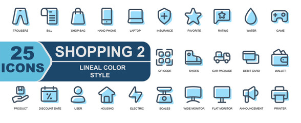 icon set of shopping materials.style lineal color.contains scales,wide monitor,flat monitor,electronics,announcement,marketing,printer,protection,star,favorite,rating,chat.
