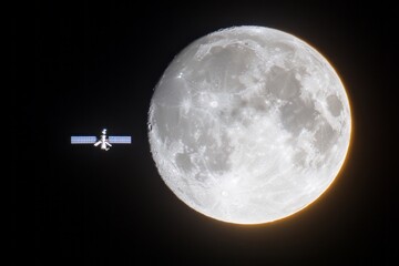 Naklejka premium Space station orbiting near the moon's surface