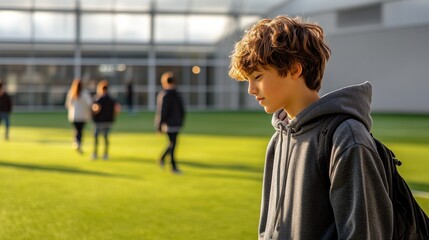 A boy in a hoodie strolls thoughtfully across green grass during the day, surrounded by others in a modern environment