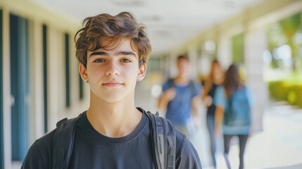 A young male student with curly hair smiles while standing in a busy school hallway filled with classmates