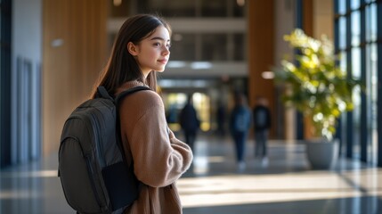 Fototapeta premium A student in casual attire stands in a contemporary school hallway, looking pensive while others walk by during afternoon hours