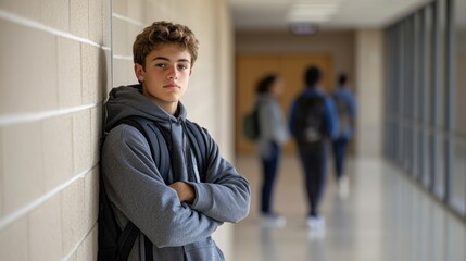 A teenager leans against a wall in a school corridor, observing peers interacting in the background while casually dressed
