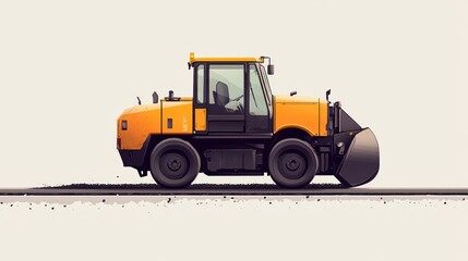 Fototapeta premium Yellow road construction vehicle, side view, on asphalt.