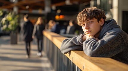 A young boy rests his chin on his arms, gazing thoughtfully at passersby in a lively urban area filled with natural light