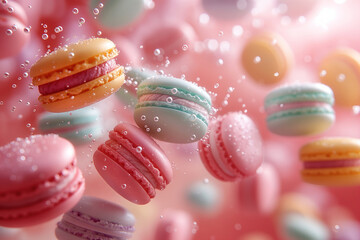 Obraz premium Colorful macarons floating in a playful bubble-filled atmosphere. Generative AI