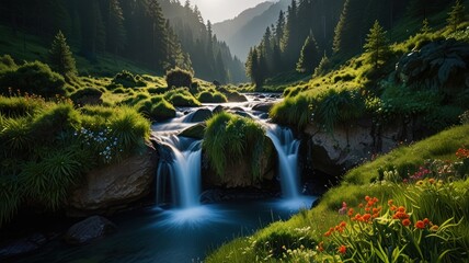 Serene mountain stream cascading over rocks in lush green valley.