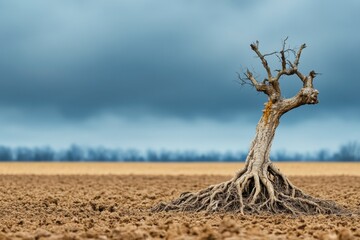 Lone Gnarled Tree Standing on Barren Ground Under Dramatic Stormy Sky in a Rural Landscape, Highlighting Nature's Resilience and Struggle for Survival