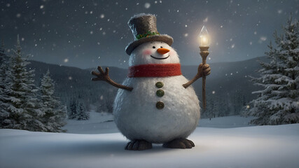 Obraz premium A mythical snowman wearing a hat against a backdrop of snowy hills.