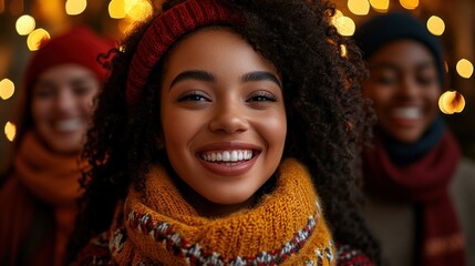 Group of friends enjoying a festive winter evening with soft warm lighting creating a joyful, cozy atmosphere while wearing colorful scarves