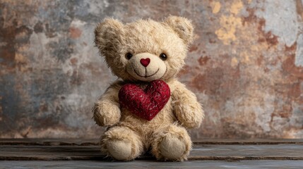 Obraz premium Teddy Bear with Heart on Rustic Wood - Valentine's Day