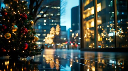 Naklejka premium Christmas tree in city at night. Festive urban scene.