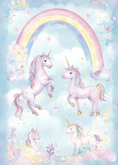Two enchanting unicorns, one adult and one young, stand beneath a colorful rainbow in a dreamy pastel landscape filled with stars and clouds. Generative AI